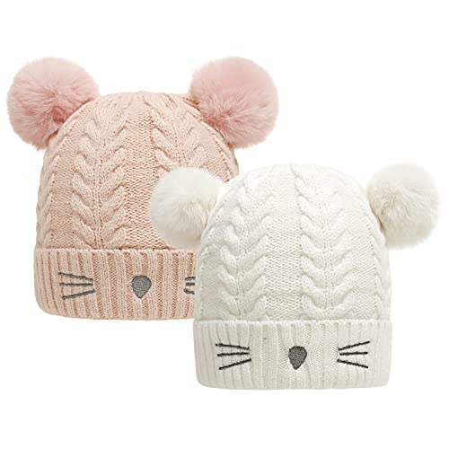 Bubo.yaa Baby Girl Winter Hat Cable Knit Baby Beanie For Infant Toddler Double Faux Fur Pom Pom Beanie With Fleece Lining #TOP30