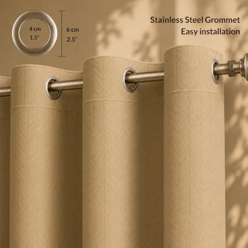 Image of LINENWALAS 100% True Blackout Door Curtains 7.5 Feet Long Set of 2 |Embossed Herringbone Leaf Design |Room Darkening Curtain |Thermal Insulated Curtains for Living Room (7.5 Feet, Golden Beige)