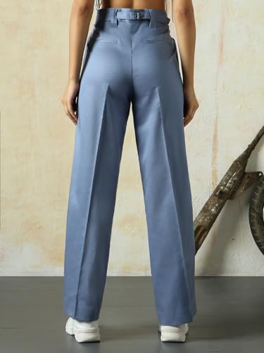 Image of High Star Women High Rise Solid Regular Length Wide Leg Casual Trousers
