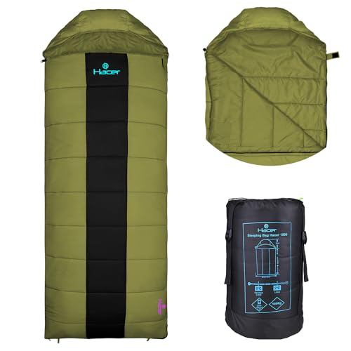 Image of Hacer HC-1500 3in1 Camping Sleeping Bag Open Comforter & Mattress +2 Degree Winter 210T Polyester Lining Hiking Trekking Bags for Baby, Adults Men & Women (7ft, Army Green & Black, 2C to +5C, 1.6kg)
