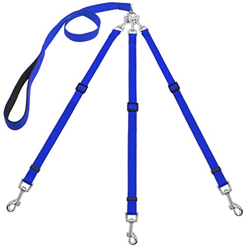 Kuntrona 3 Way Dog Leash Three Pet Leads No Tangle with Adjustable Detachable Coupler for One,Two,Three Samll Medium Large Dogs Blue M