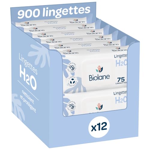BIOLANE - Lingettes bébé à l'eau - 900 Lingettes - Lot de 12x75 - Nettoyage doux et efficace - Sans Rinçage - Dès la naissance