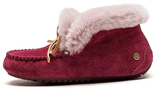 Image of Women's Moccasin Slippers with Warm Wool Lining, Pigskin Leather Non-Slip Rubber Sole for Indoor and Outdoor Casual Winter Flat Shoes