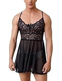 FYMNSI Herren Sissy Crossdressing Kleid Dessous Reizwäsche Transparent Spitze Negligee Dessous Nachtkleid mit String Nachtwäsche V-Ausschnitt Unterhemd Schlafkleid Unterwäsche Schwarz M