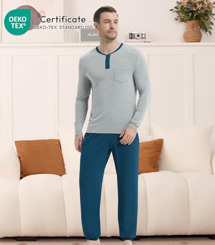Image of NACHILA Mens Pajamas Set Long Sleeve Henley Sleepwear Top Soft Jogger Pants Pajamas Cool Pjs Set,Viscose Made from Bamboo