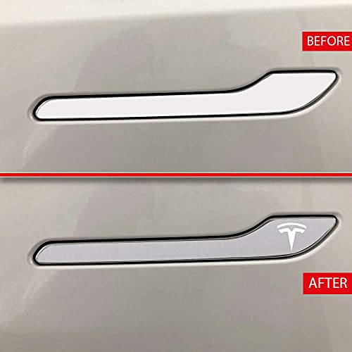 Image of IPG Compatible for Model 3 / Model Y /Juniper Door Handle Decal Sticker Wrap Kit (Set of 4) with Tesla Logo Personalize Your Tesla (Brushed Aluminum)