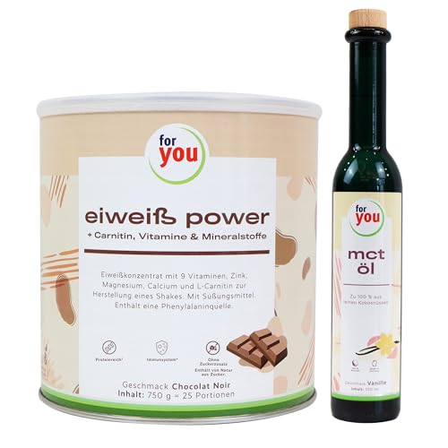 for you Power Eiweiß Schoko + MCT-Öl Vanille Set – Protein Pulver nach Dr. Strunz (750g) & 250ml MCT Öl aus 100% Kokosöl | Low Carb Energy Bundle mit L-Carnitin, Vitaminen & Mineralstoffen