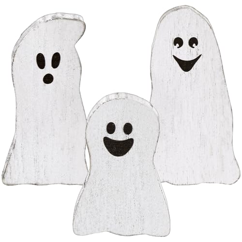 Suzile 3 Pcs Halloween Decor Wooden Ghost Sign Ghost Theme Table Centerpieces Cute Ghost Tiered Tray Decorations Rustic Farmhouse Ghost Sign for Halloween Fall Party Home Shelf Photo Prop Display