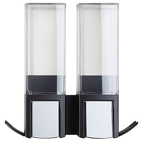 Better Living Clever Double Shower Dispenser 2 Chamber, Wall Mount Shower Soap Dispenser for Bathroom Hotel Body Wash, Storage Hooks, No Drill, Waterproof Shampoo Soap Dispenser, 2 x 17 oz, Black by Better Living - Image 2