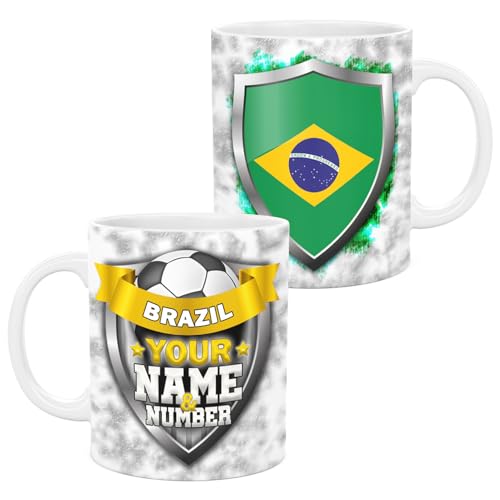 lepni.me Brésil Personnalisée 11 oz. Tasse de football avec Drapeau Brésilien Insigne Votre Nom et Votre Numéro | Tasse de jeu de Sport en Céramique pour Café et Thé | Cadeau pour les Fans