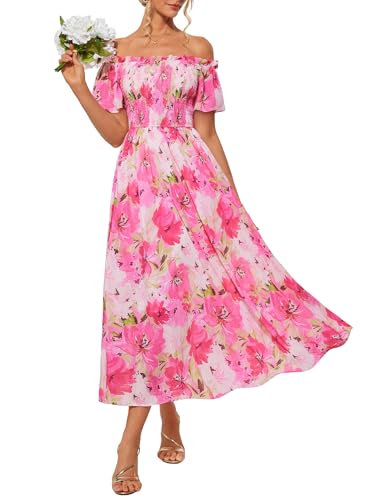 GRACE KARIN Women's 2025 Summer Floral Smocked Off Shoulder Flowy A Line Maxi Dresses Formal Wedding Guest Dress with Pockets