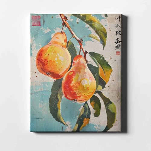 Poires sur aqua tableau rétro aquarelle avec écriture japonaise grand format - 3