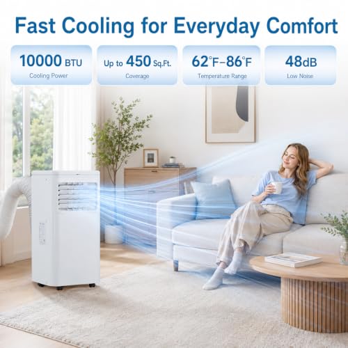 Image of 10000 BTU Portable Air Conditioners, Remote Control, 4-in-1 Quiet AC Unit, 3 Speeds, 24H Timer, Cools Room up to 450 Sq.Ft, Multi-Function Modes, Smart Control Panel