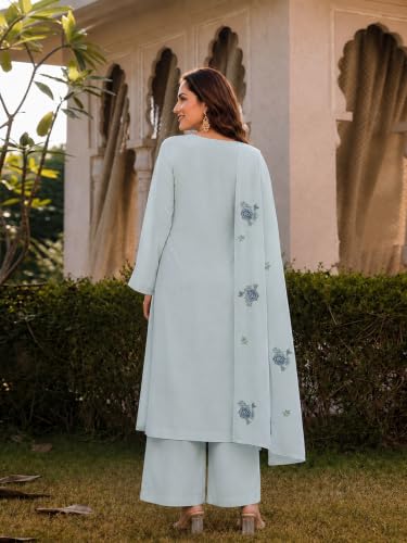 Image of ANNI Designer Kurta Sets for Women Viscose Blend Embroidered | Kurta Palazzo Dupatta Set | Designer Kurti Set for Women | V Neck Full Sleeve Ethnic Suit | Indian Kurta Outfit with Palazzo Pants