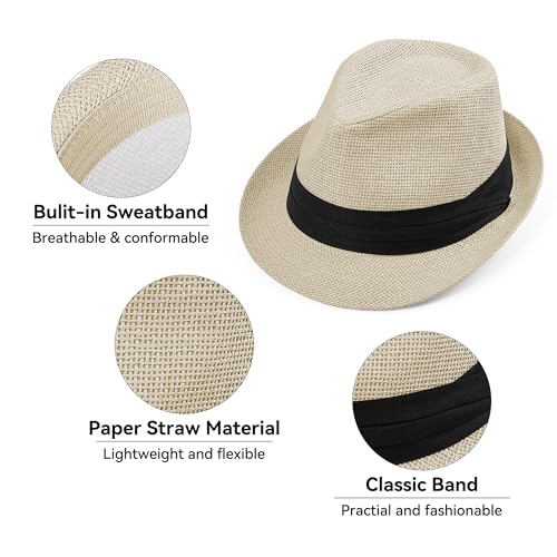 Image of Straw Trilby Fedora Hat for Men Women 1920s Panama Hat Short Brim Summer Beach Sun Hat with Band