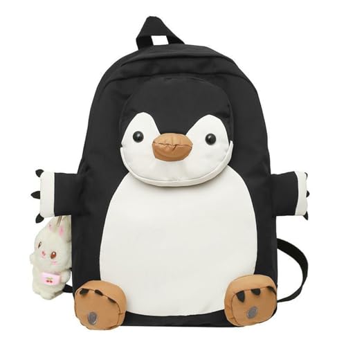 e-super Penguin Laptop Backpack Canvas Shoulder Bag Student School Bag Bookbag Travel Daypack with a Doll