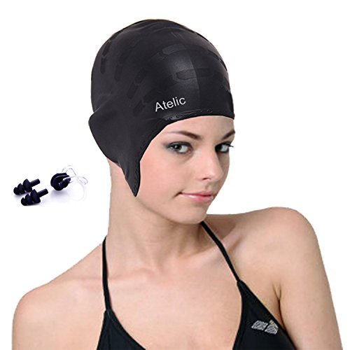 Atelic Swim Cap Swim Cap Equipment Silicone Solid Swim Caps with Free Nose Clip and Ear Plugs for Adult Women Men Youth
