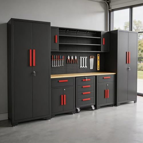 Torin Garage Storage Cabinets System, 8-Pcs Workshop Cabinet Set in Black, Included Steel Cabinets Drawers Rolling Chest and Pegboard,Locked Garage Storage Cabinet