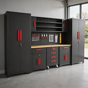 Torin Garage Storage Cabinets System, 8-Pcs Workshop Cabinet Set in Black | Included Steel Cabinets Drawers Rolling Chest and Pegboard,Locked Garage Storage Cabinet