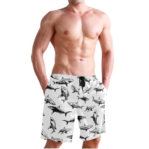 Fish Shark Black and White Mens Swim Trunks Quick Dry Beach Shorts with Pocket S 23028574