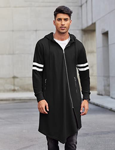 Coofandy Men's Fashion Long Hooded Outwear Hoody Sweatshirt Teenager Hoodies Longline Cardigan Black #TOP3