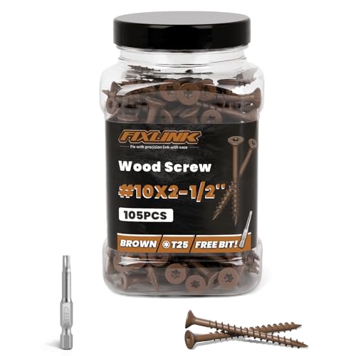 Image of Wood Screws 2-1 /2 Inch, FIXLINK Deck Screws #10 x 2-1 /2 inch, 105 PCS, T25 Star Bit Above 1500 Hour Salt Spray Coating Outdoor Decking Screws for Wood Fence, Brown
