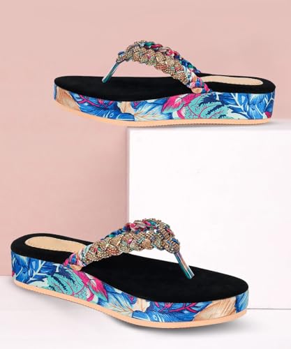 Image of ZAPATOZ Women's Floral Platform Sandals with Braided Gold Embellishment, Black Velvet Thong Slippers, Printed Sole Design