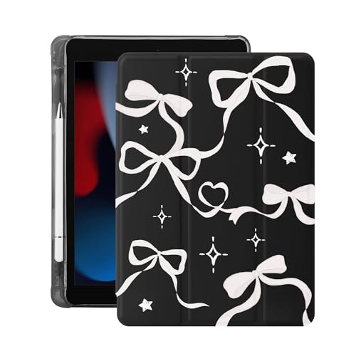 Protection iPad 7e/8e/9e gén en TPU souple noir design élégant à nœud de ruban blanc