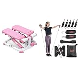 Sunny Health & Fitness Exercise Stepping Machine, Portable Mini Stair Stepper for Home or Office Workouts + Premium Resistance Band Set With Door Anchors, Wrist Straps, Handles & Stretch Band