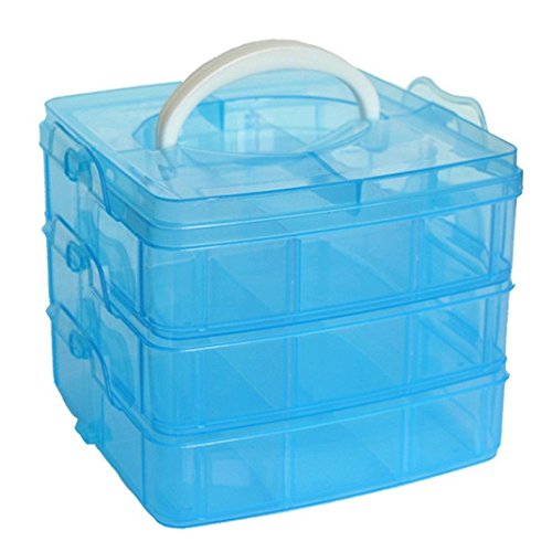 MINGHU 3-Tier Transparent Stackable Adjustable Compartment Slot Plastic Craft Storage Box Organizer Snap-Lock Tray 3 Sizes 4 Candy Colors Available (Medium 18 Compartment, Blue)