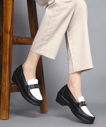 Image of JM LOOKS Elegant Two-Tone Slip-On Loafers with Block Heel and Sophisticated Metallic Bit Ornament for Formal Wear