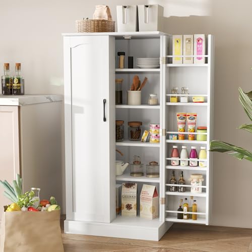 GIANTEX Aparador de Cocina con 2 Puertas, 60 x 40 x 120 cm, Armario de Almacenamiento con 17 Estantes, con Kit Antivuelco, Mueble Auxiliar de Madera para Cocina, Comedor, Salón (Blanco)