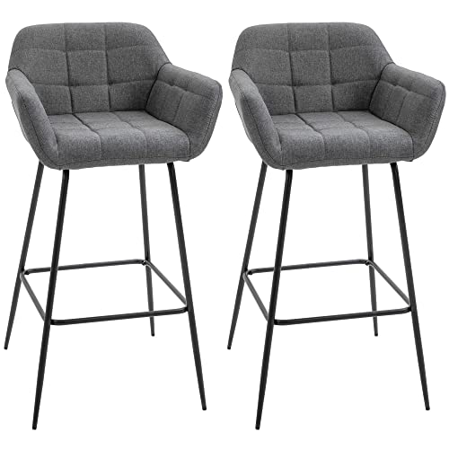 HOMCOM Lot de 2 tabourets de Bar chaises Hautes en Tissu et métal Noir avec Repose-Pieds, accoudoirs Hauteur 80 cm - Gris