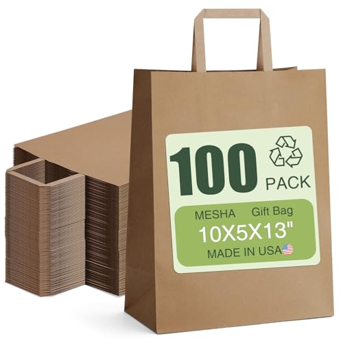 MESHA 10x5x13 Inch Brown Paper Grocery Bags with Handle, Large Kraft Shopping Paper Gift Bags Bulk...