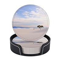 Onderzetters Set van 6 Lederen Onderzetters met Houder Leuke Hond Ronde Onderzetter voor Dranken Tafelblad Bescherming Cup Mat Hittebestendige Koffiekop Mat 4 inch