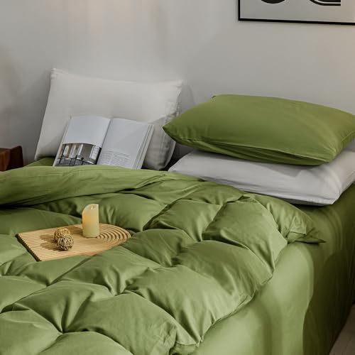 Image of JELLYMONI Christams Duvet Cover Twin Size - 100% Washed Cotton Linen Feel Textured Comforter Cover, 2 Pieces Breathable Soft Bedding Set with Zipper Closure (Avocado Green, Twin 68 inchx90 inch)