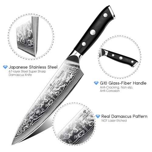 Image of SHAN ZU Damascus Knife Set, Japanese Super Steel 3 PCS Damascus High Carbon Professional Ultra-Sharp Kitchen Chef Knife Set with G10 Handle Gift Box