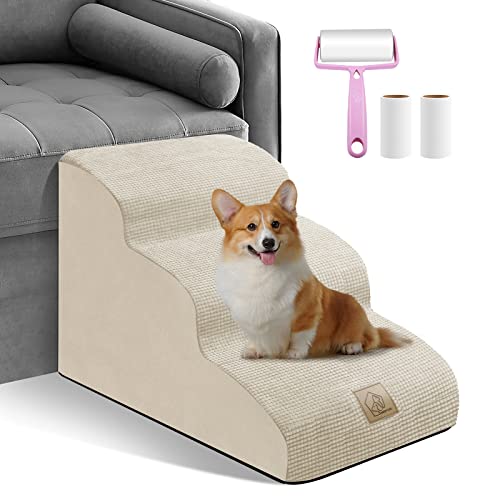 Dog Ramp 3 Steps for Small Dogs and Cats Beige, Pet Stair for Sofa and Bed Non-Slip Foam Dog Steps with Removable Washable Cover, Send Lint Sticky Roller Set