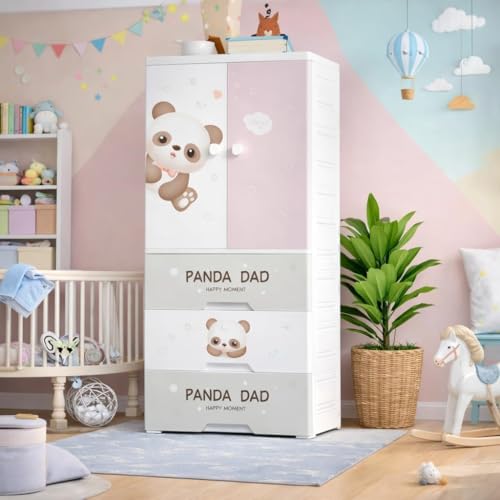 Image of LERIMO Multipurpose Stackable Plastic Cupboard Drawer for Clothes Storage, Almirah for Clothes, Foldable Wardrobe Cabinet Organizer for Office, Kitchen, Bathroom (Little PANDA-SJ6514, 3 - Layer)