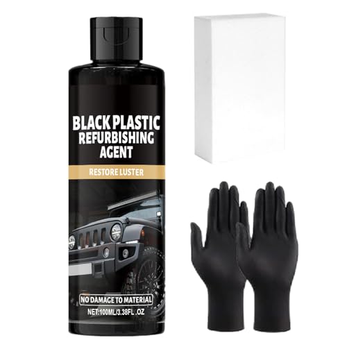 Revitalizante plásticos negros para coche | Abrillantador para tablones de 100 ml – Eliminador de oxidación para coche con guantes y esponja – Para restaurar el brillo y el detalle de partes negras
