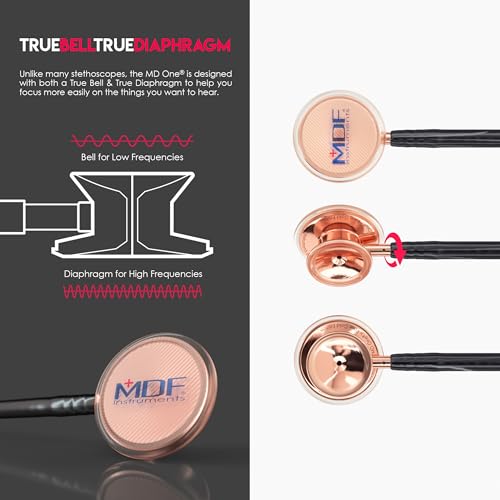 Image of MDF Instruments, Rosegold MD One Stainless Steel Stethoscope, Adult, Black Tube, Rosegold Chestpieces-Headset, MDF777RG11
