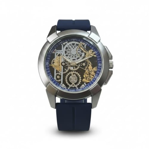 Image of Shree Ram Skeleton Watch, Ayodhya Mandir Theme, Mechanical Look Quartz, Stainless Steel Metal Bracelet, Round Dial with Deity Engraving for Man and Boyes
