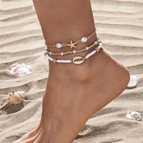 Image of Qceasiy Bead Ankle Bracelets Set For Women, Adjustable Gold Plated Boho Shell Anklet, Hawaiian Beach Seashell Pearl Disc Starfish Conch Foot Jewelry, Summer Fashion Gifts