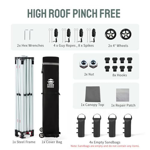 CROWN SHADES 10x15 Pop Up Canopy Tent, Thicken Frame Commercial Heavy Duty Tent, 8 Stakes & 4 Sandbags & 4 Ropes, Outdoor Canopies for Events, Parties,Grey