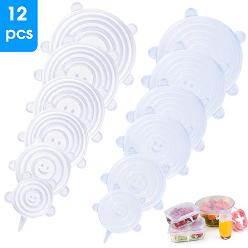 LOHOTEK Dehnbare-Silikondeckel Wiederverwendbar Frischhalte-Deckel für Verschiedenen-Schüsseln Lebensmittelbehälter - Mikrowellenherde, Gefrierschrank, Lebensmittelkonservierung,BPA-frei (12 Packs)