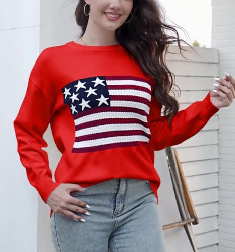 Image of Dressmine Womens American Flag Knit Sweater Crew Neck Long Sleeve Pullover