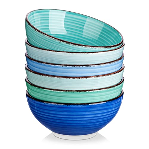 vancasso Bonita Set of 6 Blue Ceramic 27 Oz Cereal Bowls - Microwave & Dishwasher Safe