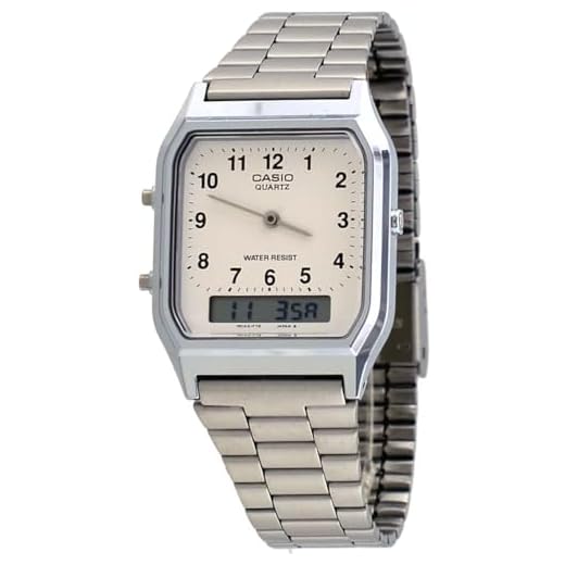 Casio Relógio masculino AQ230A-7 com pulseira de aço inoxidável, analógico, digital, números brancos, Prata