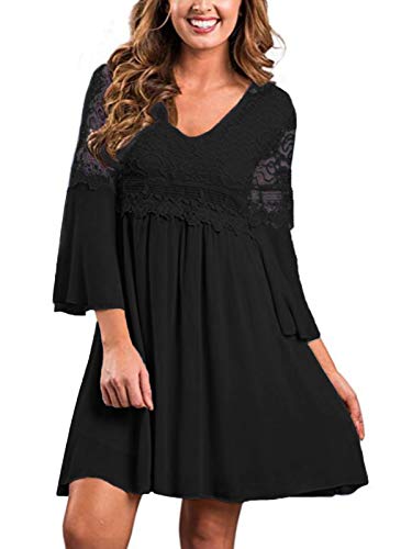 ZANZEA Women s Vintage Floral Lace V Neck 3 4 Bell Sleeve Cocktail Wedding Party A-line Swing Casual Mini Dress Black L