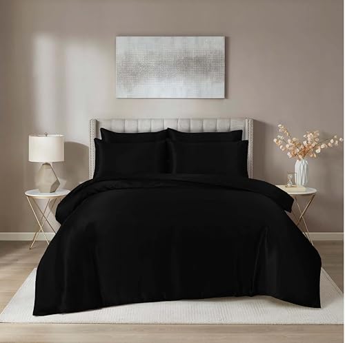 Hadi London Satin Silk 6 Piece Complete Bedding Set with Silky Deep Fitted Sheet Reversible Duvet Cover Comforter & 4 Pillowcases for Single Double King Super King Size Bed (Black, King)